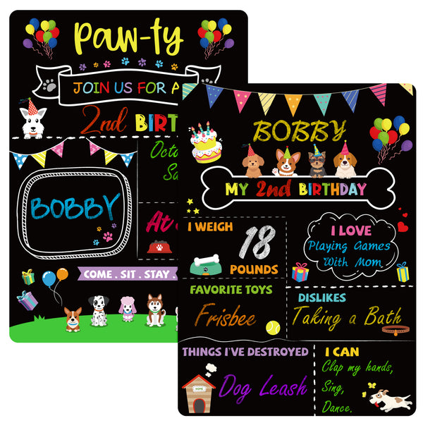 Zainpe Dog Birthday Milestone Board Double-Sided Pet Chalkboard Colorful Animal Printing Durable & Reusable Photo Prop Board for Puppy 10’’ x 14’’ Doggy Birthday Sign for Party Supplies Decoration