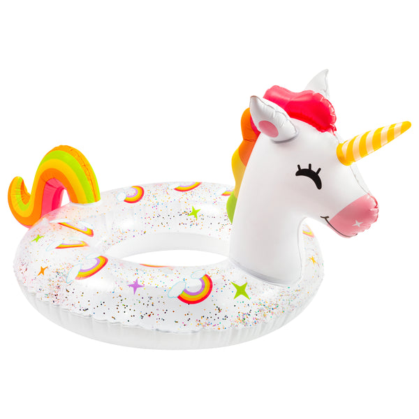 Zainpe Inflatable Unicorn Pool Float with Glitters Inflation Swimming Ring Outdoor Water Inflatable Lounge Raft Tube Summer Fun Beach Floaties Vinyl Swim Floaty Pool Toy for Kids Adults White