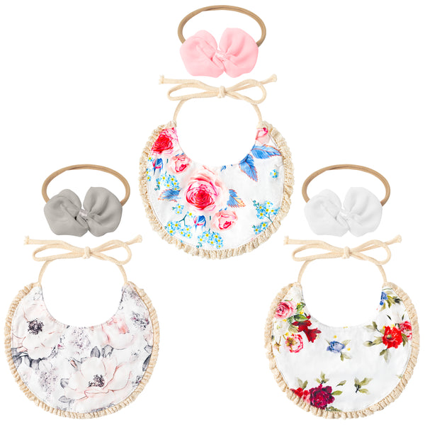 Zainpe 6Pcs Baby Muslin Cotton Feeding Bibs with Bow Headband Set Flowers Lace Adjustable Drooling Bib Boho Baby Bibs Soft & Absorbent Burp Cloths For Girls Infant Newborn Toddler Teething