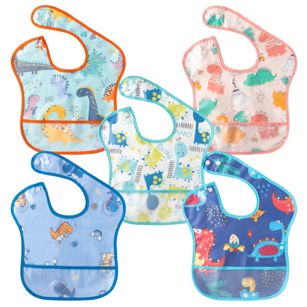 Zainpe 5Pcs Snap Baby Bibs for Boys Dinosaur Pattern Waterproof Stain Resistant Feeding Bib with Food Catcher Pocket Adjustable Washable Unisex Burp Cloths for Toddlers Infants Newborns 6-24 Months