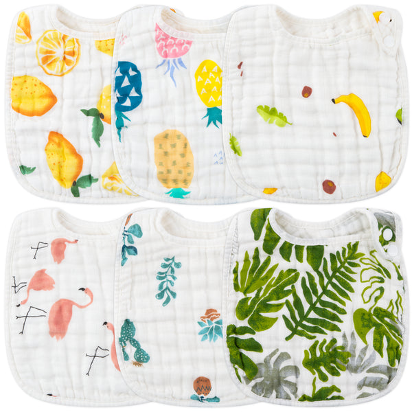 Zainpe 6Pcs Snap Muslin Cotton Bibs for Baby Lemon Flamingo Leaf Pineapple Bib with 6 Absorbent & Soft Layers Machine Washable Adjustable Unisex Burp Cloth for Drooling Eating and Teething