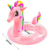 Zainpe Inflatable Unicorn Pool Float with Glitters Kids Inflation Swimming Ring Summer Outdoor Water Lounge Inflatable Raft Tube Fun Beach Floaties Vinyl Swim Floaty Pool Toys for Girls Boys Pink