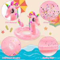 Zainpe Inflatable Unicorn Pool Float with Glitters Kids Inflation Swimming Ring Summer Outdoor Water Lounge Inflatable Raft Tube Fun Beach Floaties Vinyl Swim Floaty Pool Toys for Girls Boys Pink