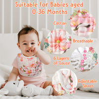 Zainpe 6Pcs Snap Muslin Cotton Baby Bibs Flowers Pattern Infants Feeding Bib Adjustable Machine Washable Girls Burp Cloths Unisex Drool Bibs with 6 Absorbent & Soft Layers for Eating and Teething