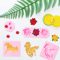Zainpe 4Pcs Horse Rose Fondant Chocolate Silicone Cupcake Molds Set Cake Decoration DIY Desserts Candy Topper 3D Mini Flower Mould Baking Tools Soap Polymer Clay Crafting for Theme Party Supplies