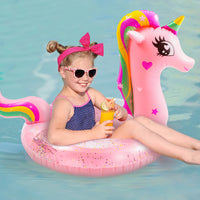 Zainpe Inflatable Unicorn Pool Float with Glitters Kids Inflation Swimming Ring Summer Outdoor Water Lounge Inflatable Raft Tube Fun Beach Floaties Vinyl Swim Floaty Pool Toys for Girls Boys Pink