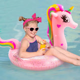 Zainpe Inflatable Unicorn Pool Float with Glitters Kids Inflation Swimming Ring Summer Outdoor Water Lounge Inflatable Raft Tube Fun Beach Floaties Vinyl Swim Floaty Pool Toys for Girls Boys Pink