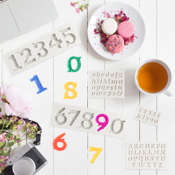 Zainpe 5Pcs Silicone 3D Embossed 0-9 Number Letter Fondant Mold Set with 10Pcs Lollipop Paper Stick for Baking Chocolate Polymer Clay Crafting Wedding Engagement Birthday Party Cupcake Cake Decor