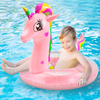 Zainpe Inflatable Unicorn Pool Float with Glitters Kids Inflation Swimming Ring Summer Outdoor Water Lounge Inflatable Raft Tube Fun Beach Floaties Vinyl Swim Floaty Pool Toys for Girls Boys Pink